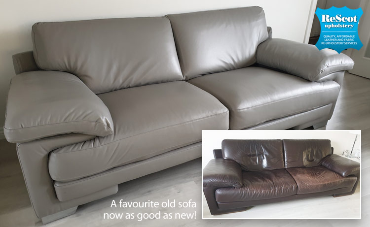 Recovered leather sofa before and after transformation